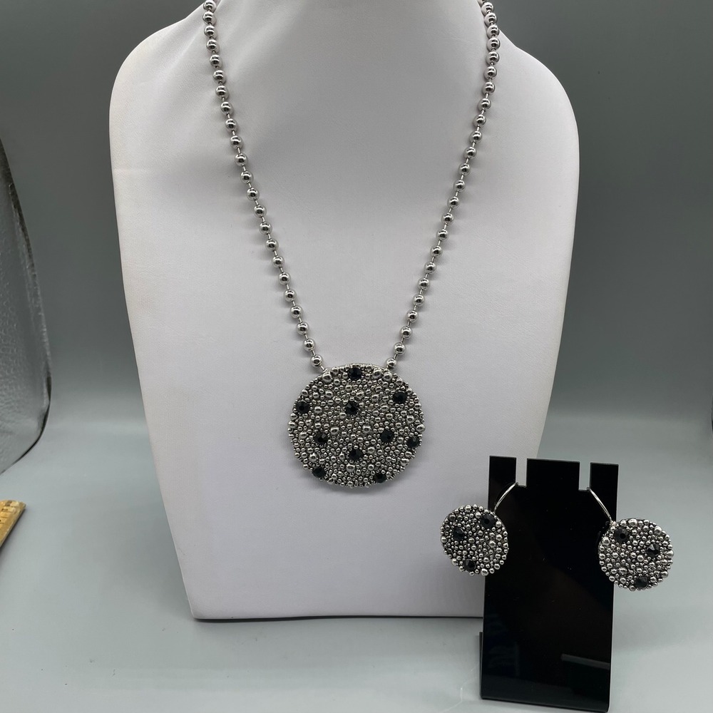 Silver Tone Textured Bead Black Crystal Medallion Necklace and Earrings Set